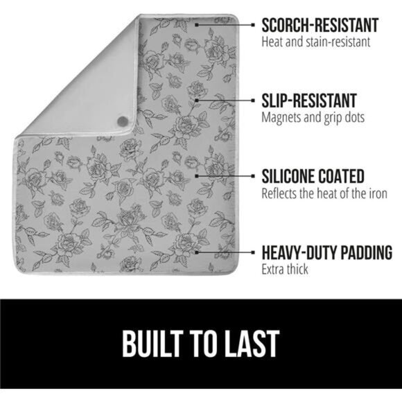 New Portable Ironing Mat, Magnetic Pad, Scorch Resistant, 28x24 Gray Floral - Picture 2 of 7